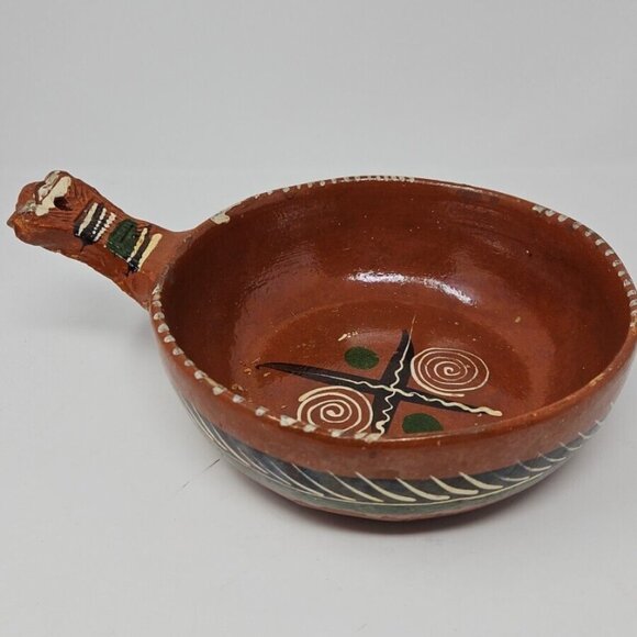 Vintage Terracotta Slipware Handled Bowl Mexico Tlaquepaque Redware Bandera - Picture 2 of 8